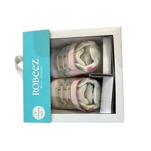 Robeez Mini Shoes Baby Girls Size 2 3-6 Months Crib Shoes Pink Gray Hook Loop